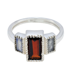 Silver Eleanor multicolor trilogy ring with rectangular red center stone and two gray blue side stones