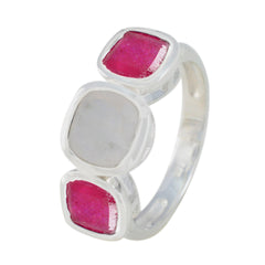 Putri multicolor trilogy ring with two pink and one white square gemstones set in silver band