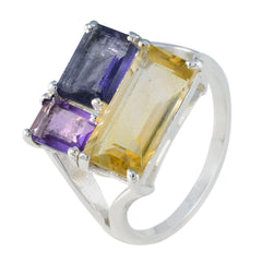 Marie multicolor trilogy ring with rectangular yellow, purple, and blue stones set in silver band