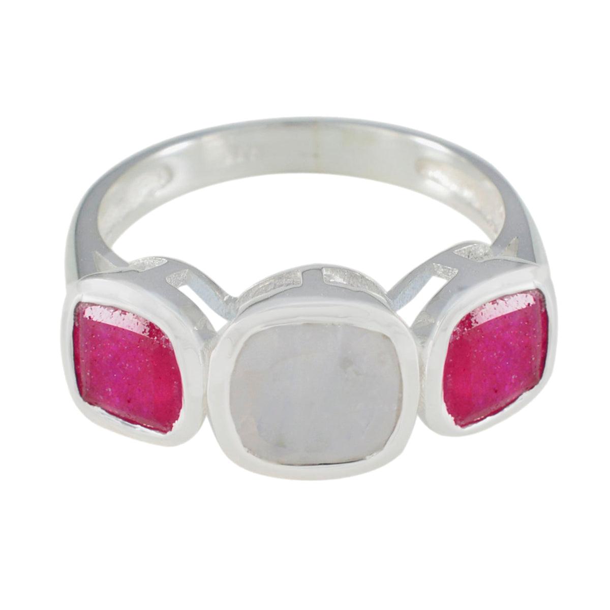 Putri multicolor trilogy ring with silver band and two pink stones flanking one white stone