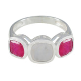 Putri multicolor trilogy ring with silver band and two pink stones flanking one white stone
