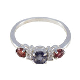 Maria multicolor trilogy ring sterling silver band with central purple stone flanked by red stones and small clear accents