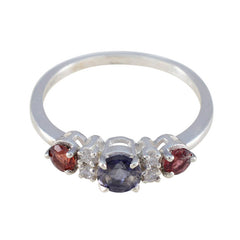 Maria multicolor trilogy ring sterling silver band with central purple stone flanked by red stones and small clear accents
