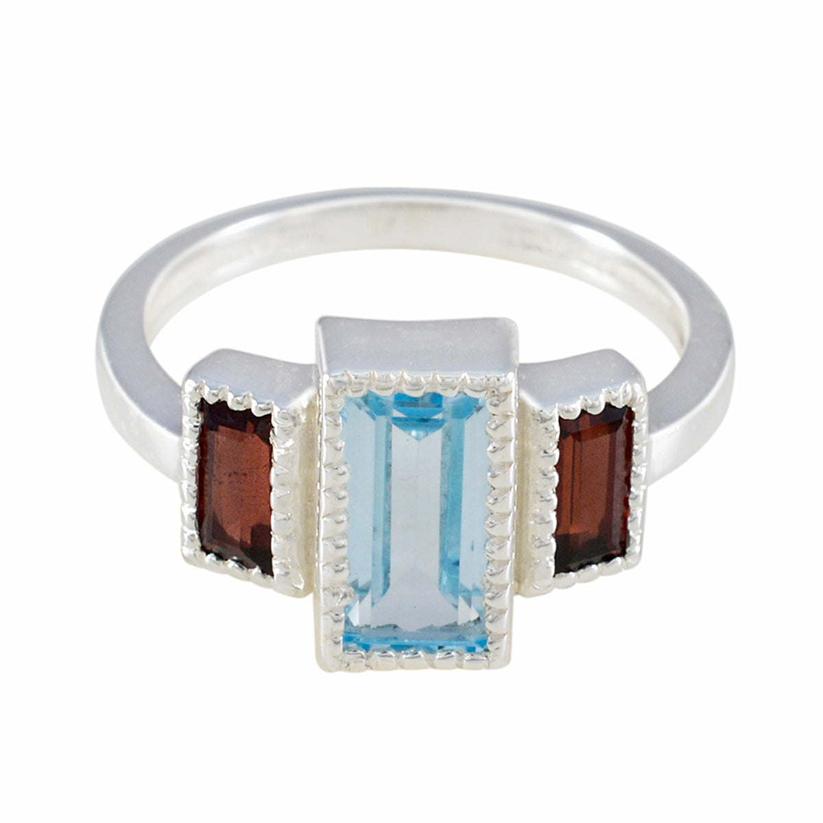 Elena sterling silver multicolor trilogy ring with rectangular blue center stone and two red garnet side stones