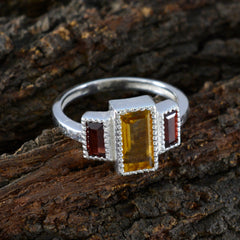 Eliza silver multicolor trilogy ring with yellow center stone and two rectangular red side stones