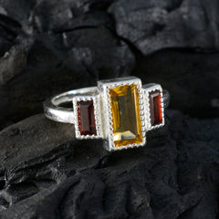Eliza multicolor trilogy ring with rectangular yellow and red stones set in silver band