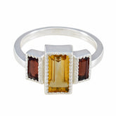 Eliza multicolor trilogy ring with rectangular yellow and red gemstones set in silver band