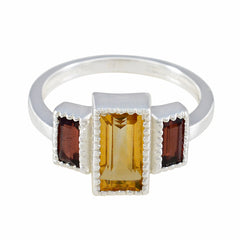 Eliza multicolor trilogy ring with rectangular yellow and red gemstones set in silver band