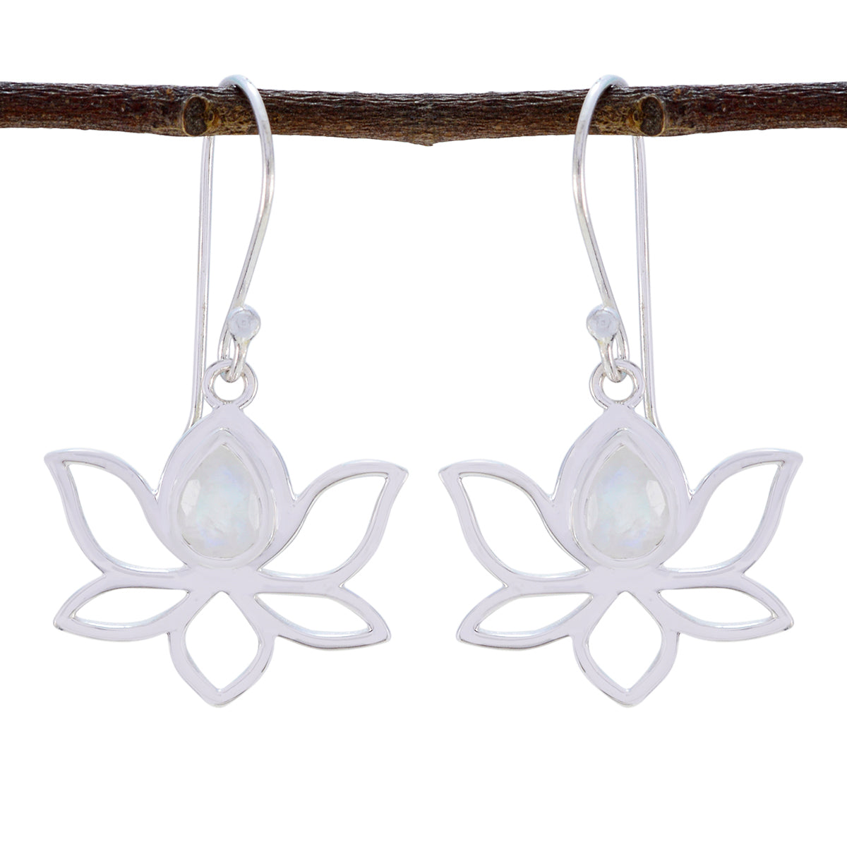 Naomi White Dainty Earrings with Lotus Design Rainbow Moonstone White Dangle