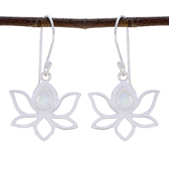 Naomi White Dainty Earrings with Lotus Design Rainbow Moonstone White Dangle