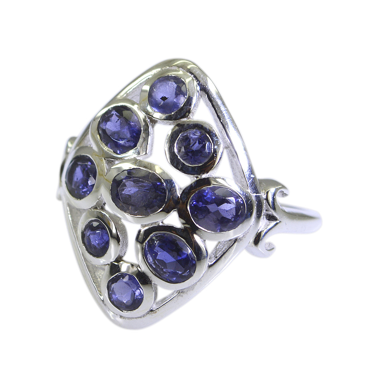 Kennedy navratna gemstone ring with multiple deep blue oval and round stones set in silver band