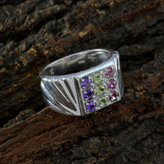 Lakshmi Navratna gemstone ring for women with multicolored stones set in silver band