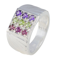 Lakshmi Navratna gemstone ring for women with square grid of multicolored gemstones in silver band
