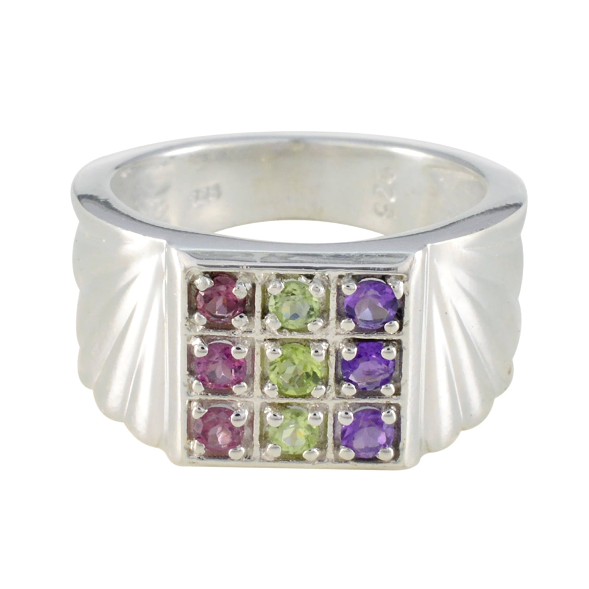 Lakshmi Navratna gemstone ring for women in silver with multicolored stones set in a square pattern