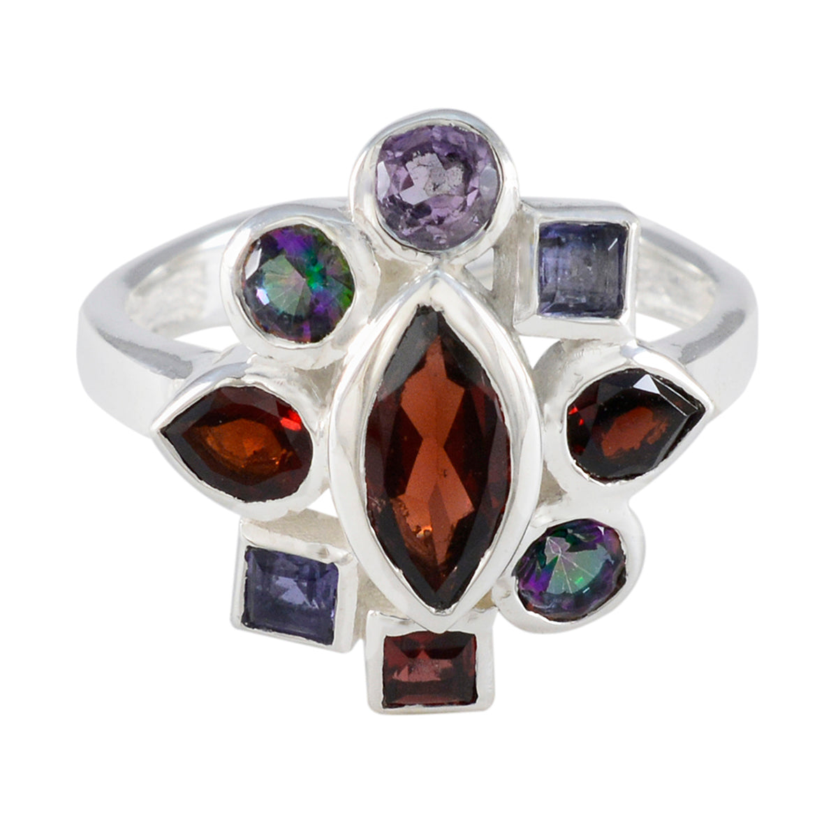 Angel navratna gemstone ring with multiple colorful gemstones set in a silver band