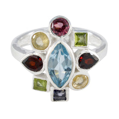 Paula navratna gemstone ring with multicolored stones in silver setting