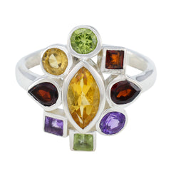 Maya navratna gemstone ring in sterling silver with marquise yellow center stone and multicolor gems