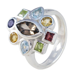 Marie sterling silver navratna ring for women with multicolor gemstones including marquise smoky quartz