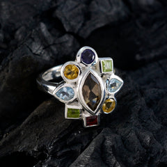 Marie multigem sterling silver navratna ring for women featuring smoky quartz center and colored gems