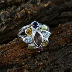 Marie silver navratna ring for women with marquise smoky quartz center and multicolor gemstones on band