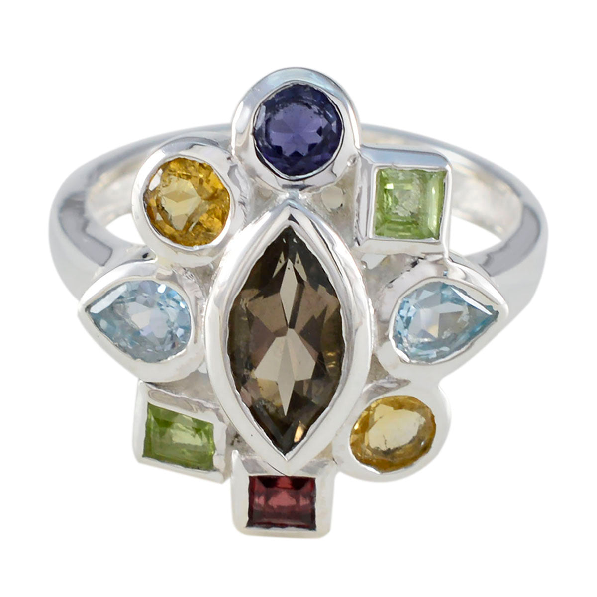 Marie sterling silver navratna ring for women with multicolor gemstones and central marquise smoky quartz