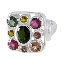 Julia Navratna ring for women featuring multicolored gemstones set in a silver square band