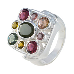 Julia Navratna ring for women with multicolored gemstones set in a bold silver square design