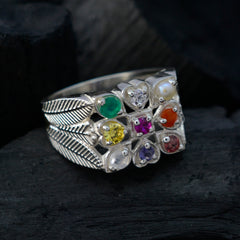 Andrea navratna ring for women with colorful gemstones and detailed silver band design