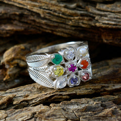 Andrea silver navratna ring for women with multicolored gemstones and leaf design
