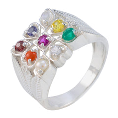 Andrea navratna ring for women with multicolored gemstones set in a silver band