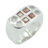Penelope cocktail multicolor ring silver wide band with three square red stones and four round clear stones