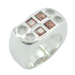 Penelope cocktail multicolor ring silver wide band with three square red stones and four round clear stones