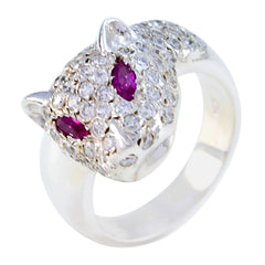 Eliza pink gemstone statement ring with animal design and clear crystals on silver band