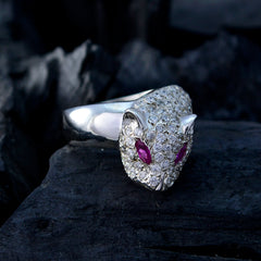 Eliza silver ring with animal head design featuring pink gemstone statement ring accents