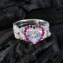 Yasmin pink halo gemstone ring with heart-shaped center stone and pink halo on silver band