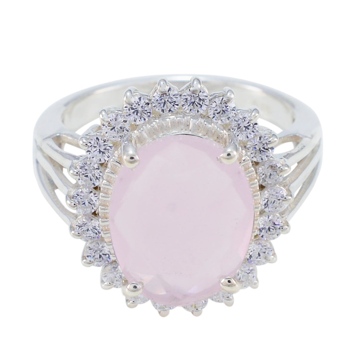 Maria Pink Halo Gemstone Ring with Silver Setting Rose Quartz Pink