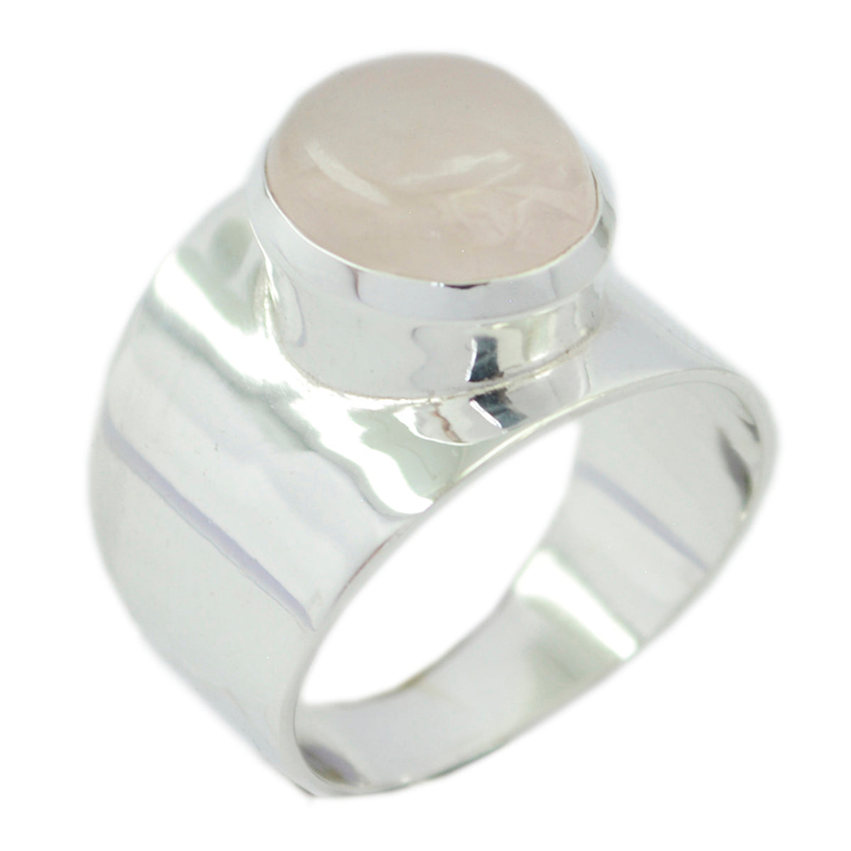 Scarlett pink solitaire ring for women with wide silver band and smooth oval pink stone