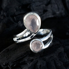 Josephine pink toi et moi ring with pear and round rose quartz stones in sterling silver bypass band