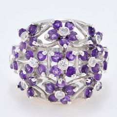 Isadora silver multirow purple floral gemstone ring with clustered amethyst flowers and clear accent stones