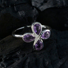Natalie sterling silver purple floral gemstone ring with four pear shaped amethyst petals on polished band