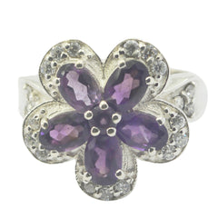 Saanvi purple gemstone flower ring with silver band and clear accent stones