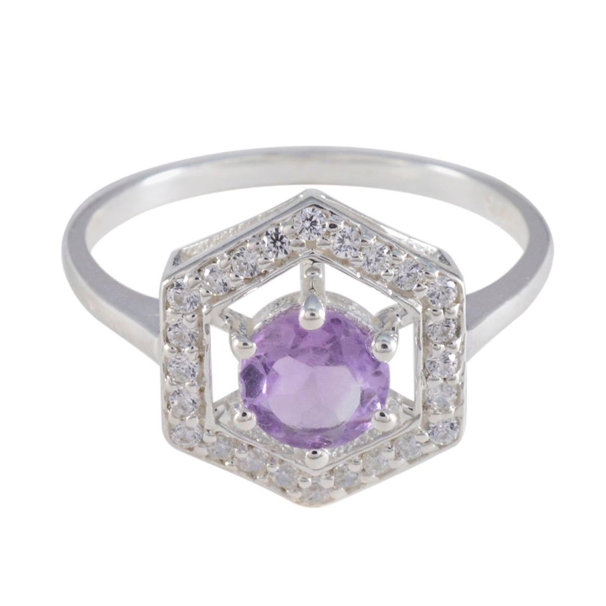 Lucia Purple Gemstone Halo Ring with Silver Hexagon Design Amethyst Purple