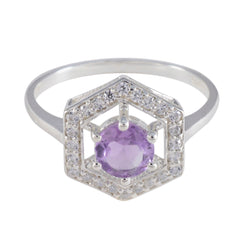 Lucia Purple Gemstone Halo Ring with Silver Hexagon Design Amethyst Purple