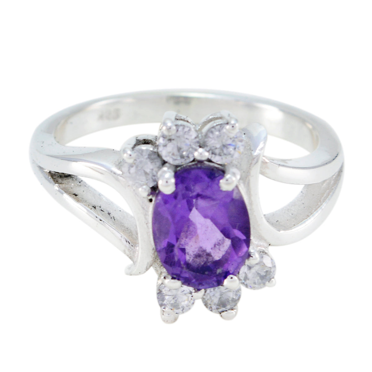 Pauline Purple Gemstone Halo Ring with Silver Band Amethyst Purple