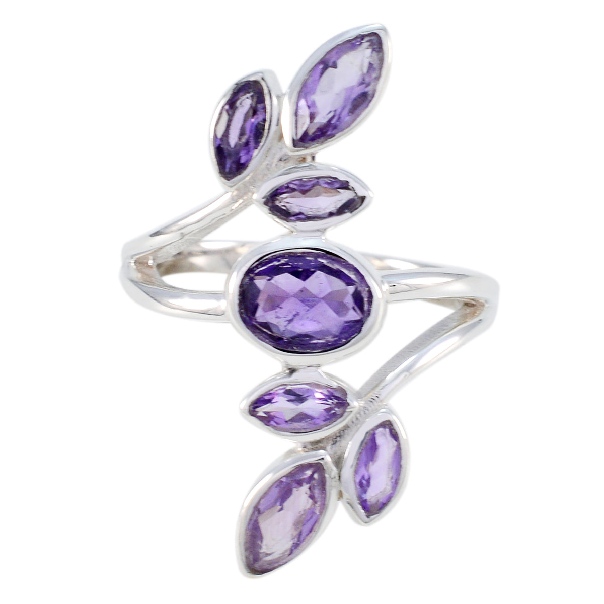 Aisha Purple Gemstone Leafy Ring in Sterling Silver Amethyst Purple