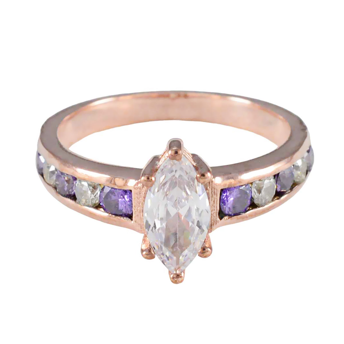 Li Lee purple gemstone ring for women with marquise clear center stone and purple accents on rose gold band