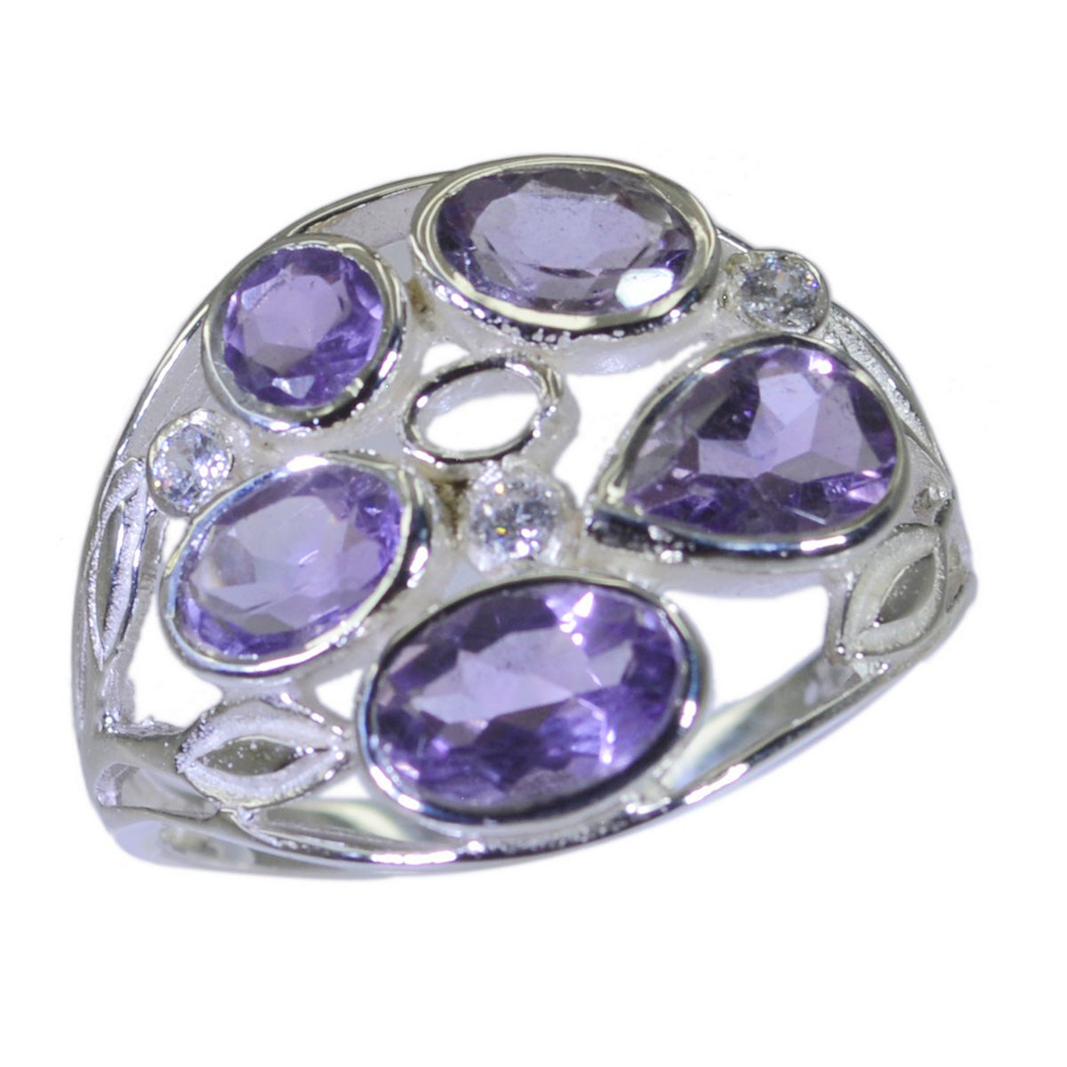 Scarlett purple gemstone ring for women with multiple oval and teardrop shaped stones set in silver