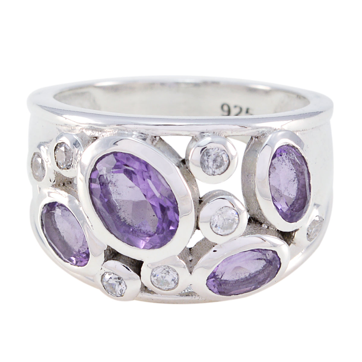 Laura silver ring featuring multiple purple gemstones and small clear accents purple gemstone ring for women