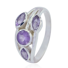 Carolina sterling silver ring with central round amethyst and three marquise stones purple gemstone ring for women