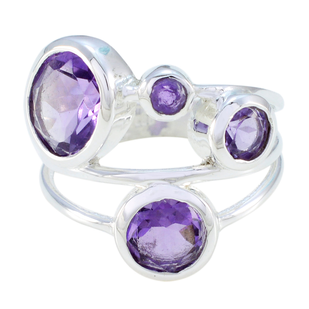 Ivy sterling silver purple gemstone ring for women with four faceted amethyst stones and double band